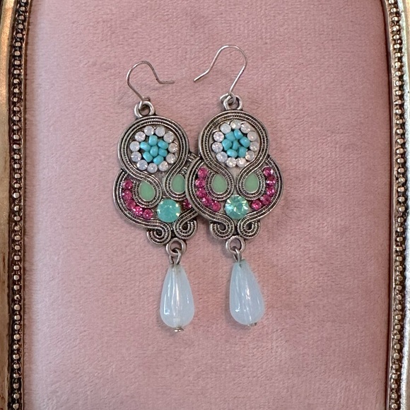 Set of 3 Earrings Green, Pink & Burnished Gold Bohemian Style Collection Bundle - Picture 7 of 12